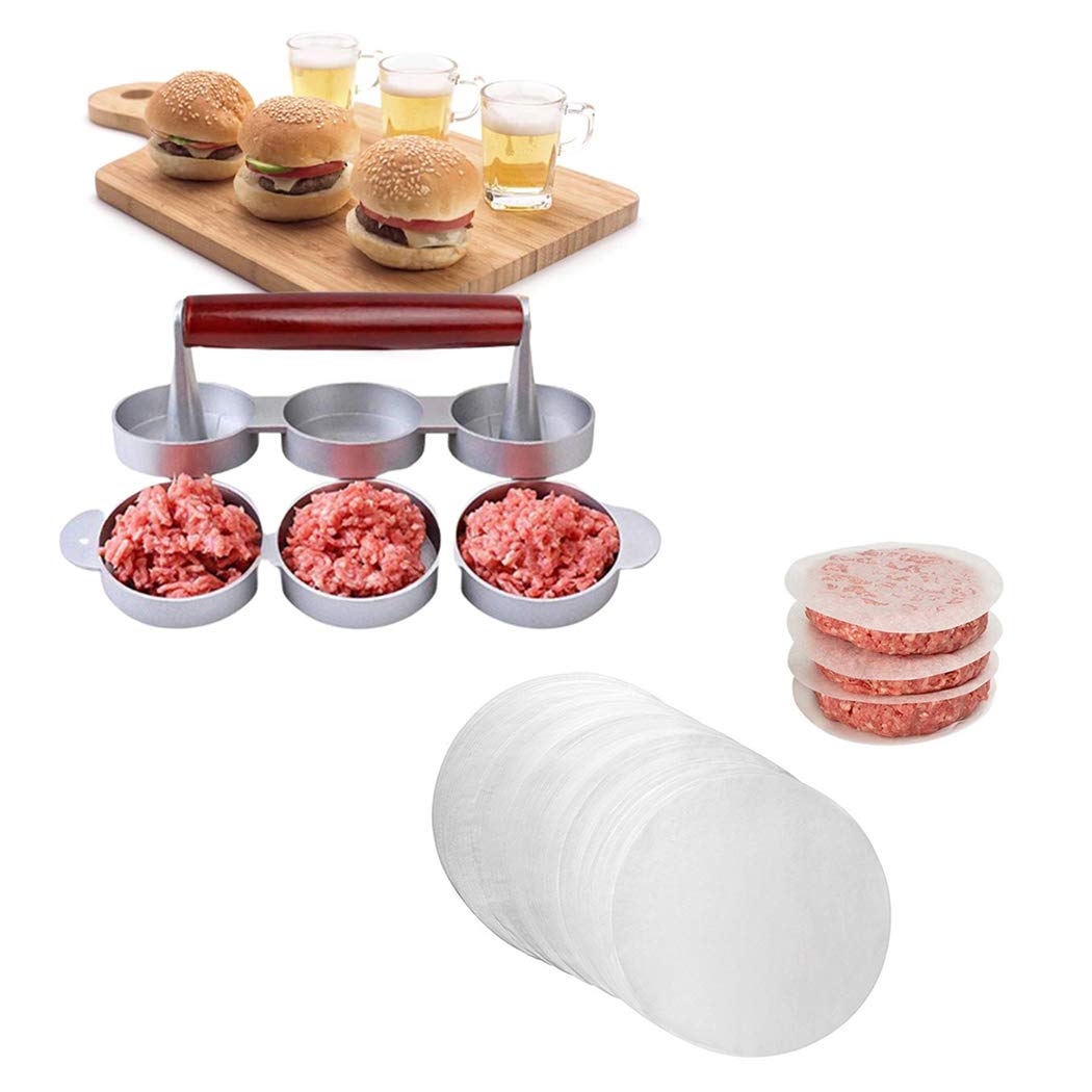 JUSTDOLIFE 3-Hole Hamburger Patty Maker - Manual Meat Press Tool with Patty Paper for Home Kitchen - Perfect for BBQ, Grilling & Burger Cooking - Durable Burger Mold for Homemade Patties