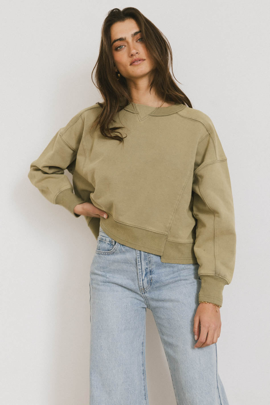Olive Green Aarti Sweatshirt for Women - Cozy Pullover Fleece Top | Perfect for Casual Outfits, Fall Layering & Lounge Wear
