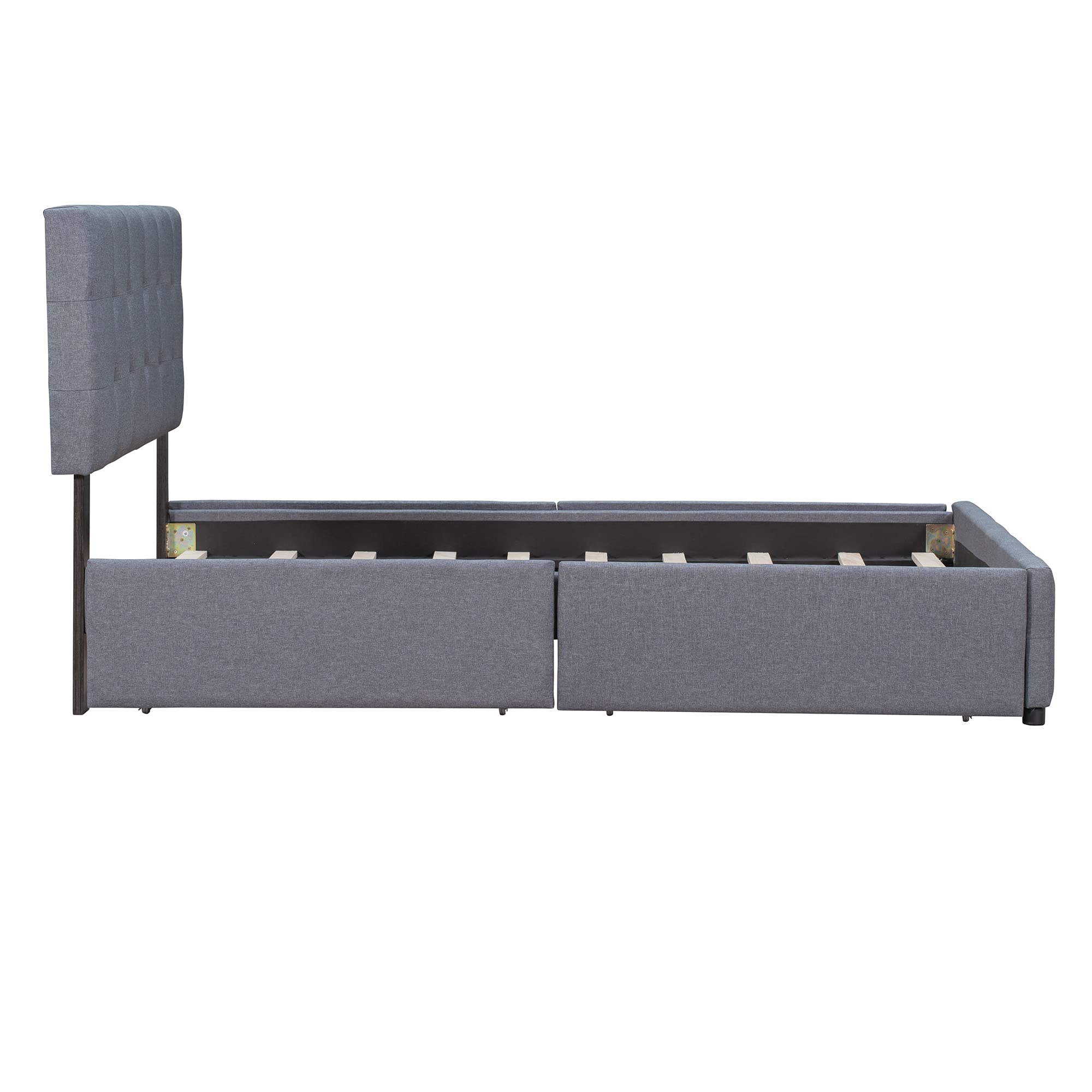 Queen Size Upholstered Storage Bed with 4 Drawers - Wooden Platform Bed Frame with Classic Headboard, Linen Fabric in Dark Gray - Perfect for Small Bedrooms, Guest Rooms & Modern Apartments