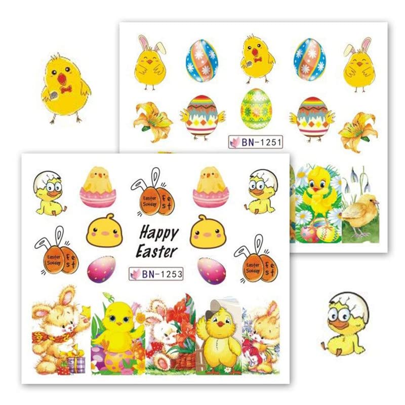 FAMEZA 12 Designs Easter Nail Art Stickers - Bunny, Eggs & Cartoon Rabbit Water Transfer Nail Decals for Women | Spring Nail Decorations for Easter Parties, Nail Salon & DIY Manicures