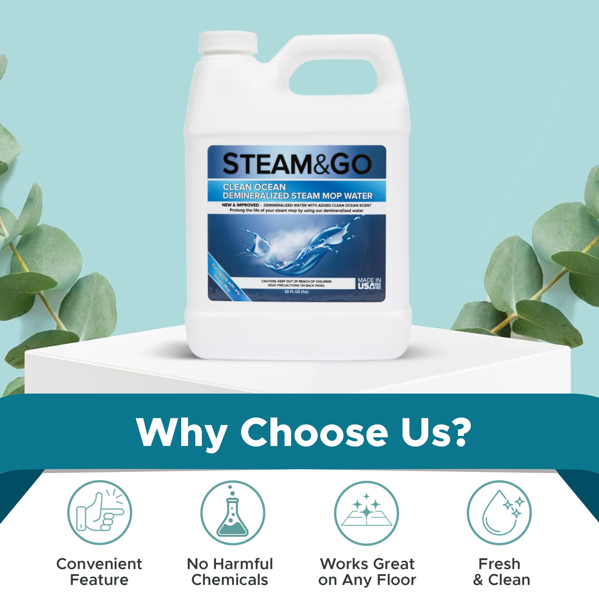 Steam & Go Demineralized Water for Steam Mops - PVC-Free Floor Cleaner Solution (32oz) | Compatible with All Steam Mops | Ready-to-Use Multi-Surface Cleaner | Ocean Scented | Perfect for Hardwood, Tile & Laminate Floors