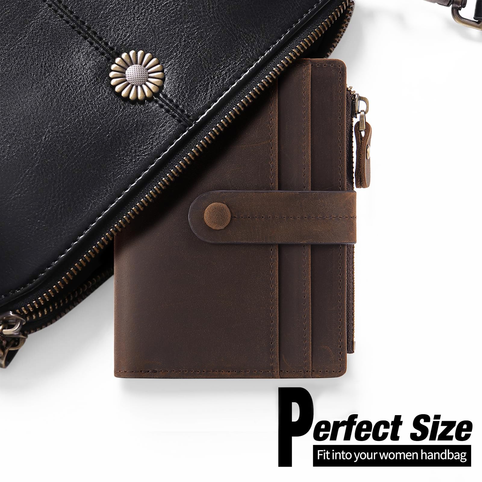 HKCLUF Women's Leather Bifold Wallet with RFID Blocking - Slim Credit Card Holder & Zipper Coin Purse - Dark Coffee | Perfect for Everyday Use, Travel, and Gift Giving