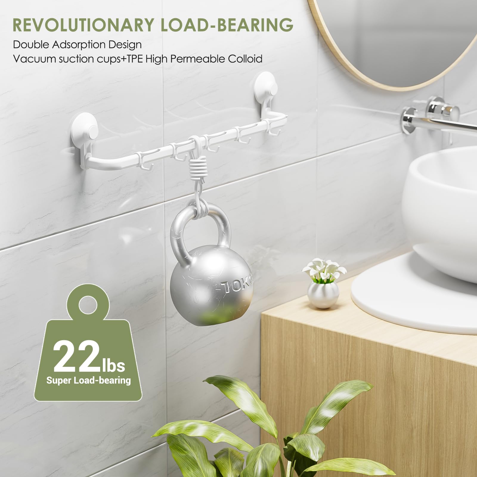 LUXEAR 24 Inch No Drill Suction Cup Towel Bar - Adhesive Bathroom Towel Holder with 5 Sliding Hooks - Wall Mounted for Shower, Bathroom, Kitchen & Door - White - Perfect for Small Spaces & Rental Homes