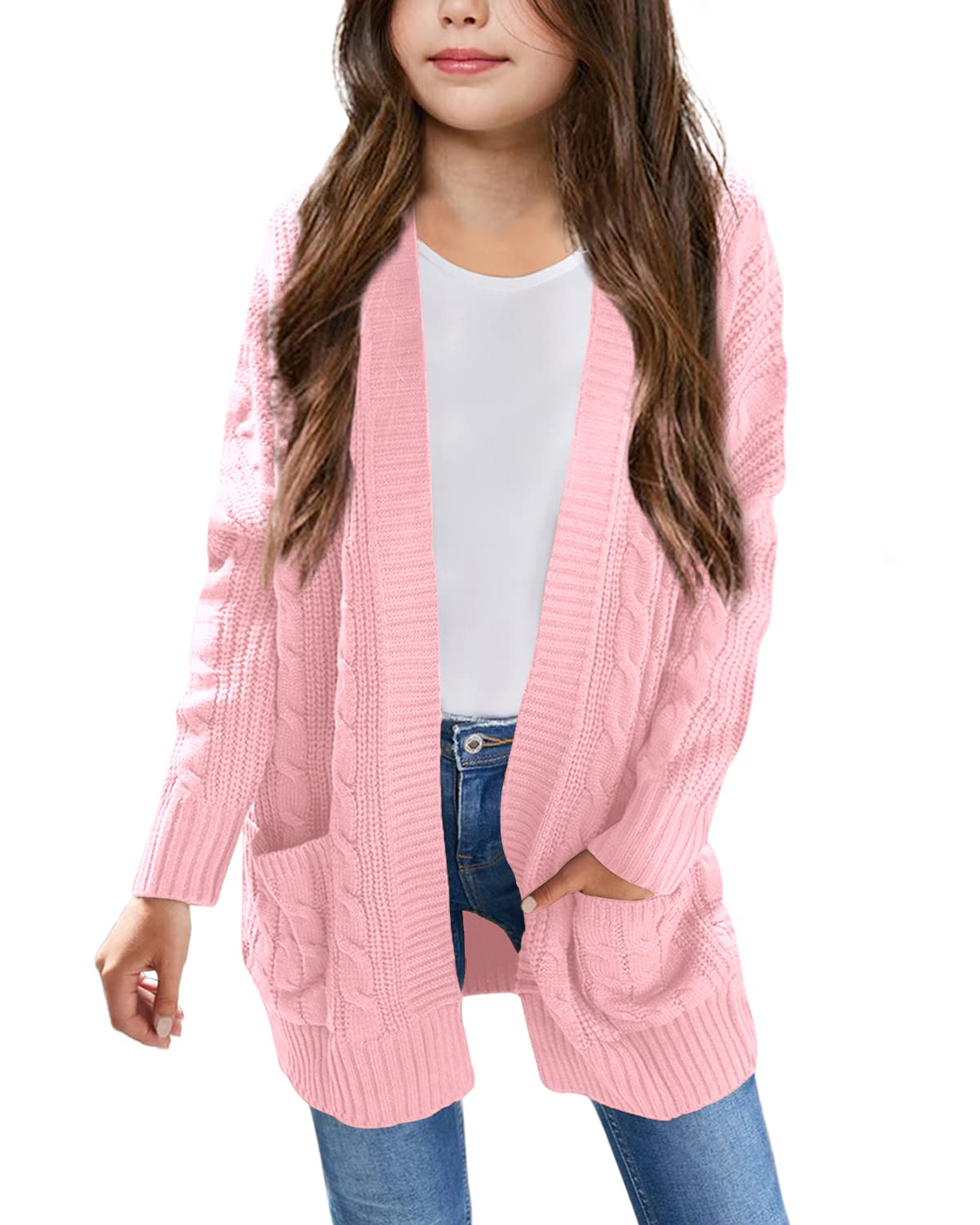 Batermoon Girls' Cable Knit Cardigan Sweater - Oversized Open Front Kids Knitwear with Pockets | Casual Outerwear for School, Playdates & Family Outings