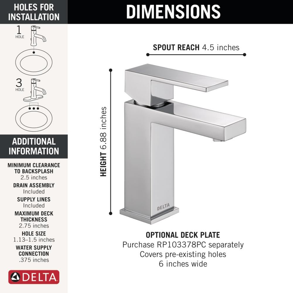 Delta 567LF-HGM-PP Modern Single Hole Bathroom Faucet - Chrome Finish, Single Handle, 0.5 GPM Water-Saving Design with Push Pop-Up Drain Assembly - Perfect for Bathroom Sink, Vanity, and Powder Room Upgrades
