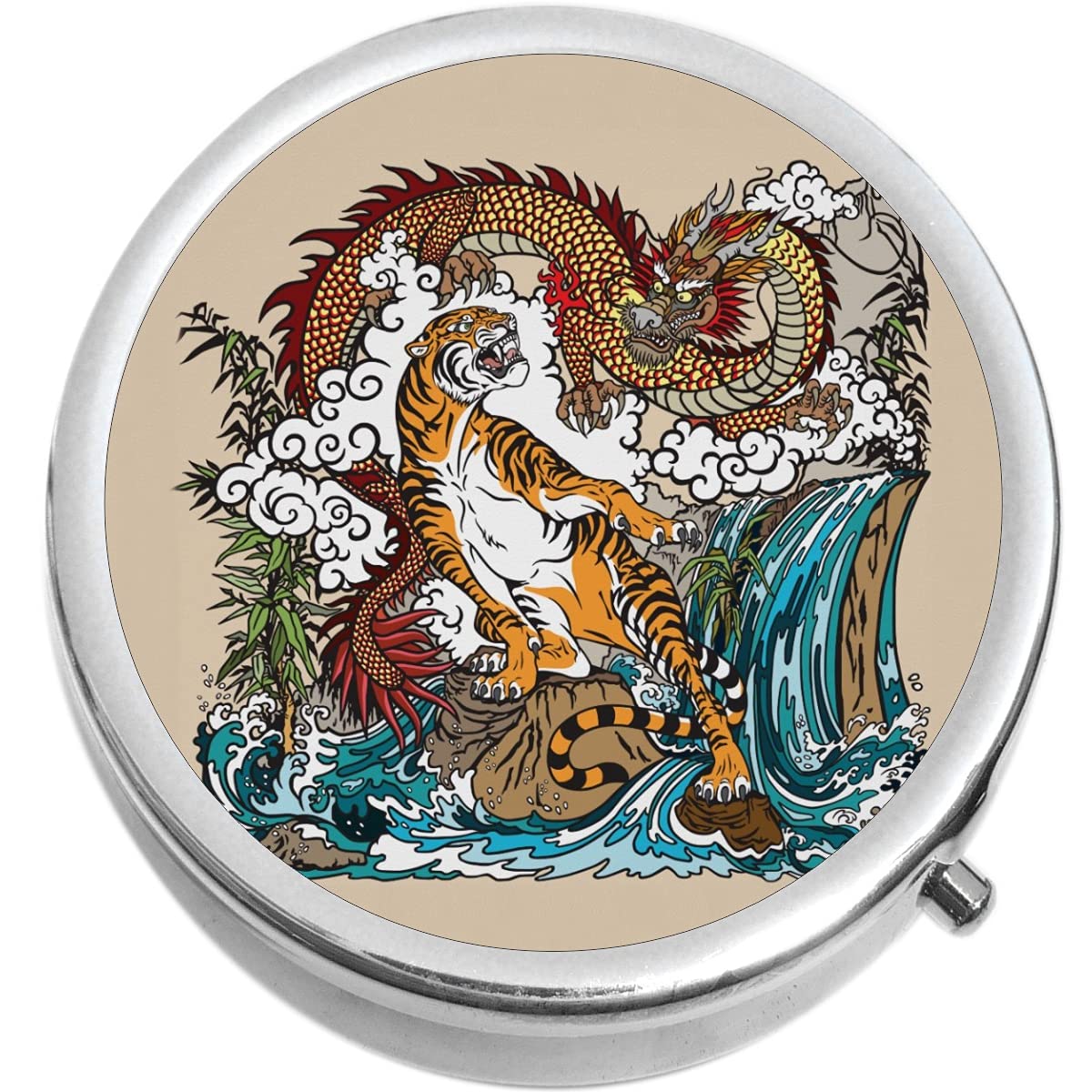 Japanese Dragon & Tiger Herbal Medicine Pill Box - Portable Travel Organizer for Pills, Vitamins & Supplements - Perfect for Home, Office & Travel Use