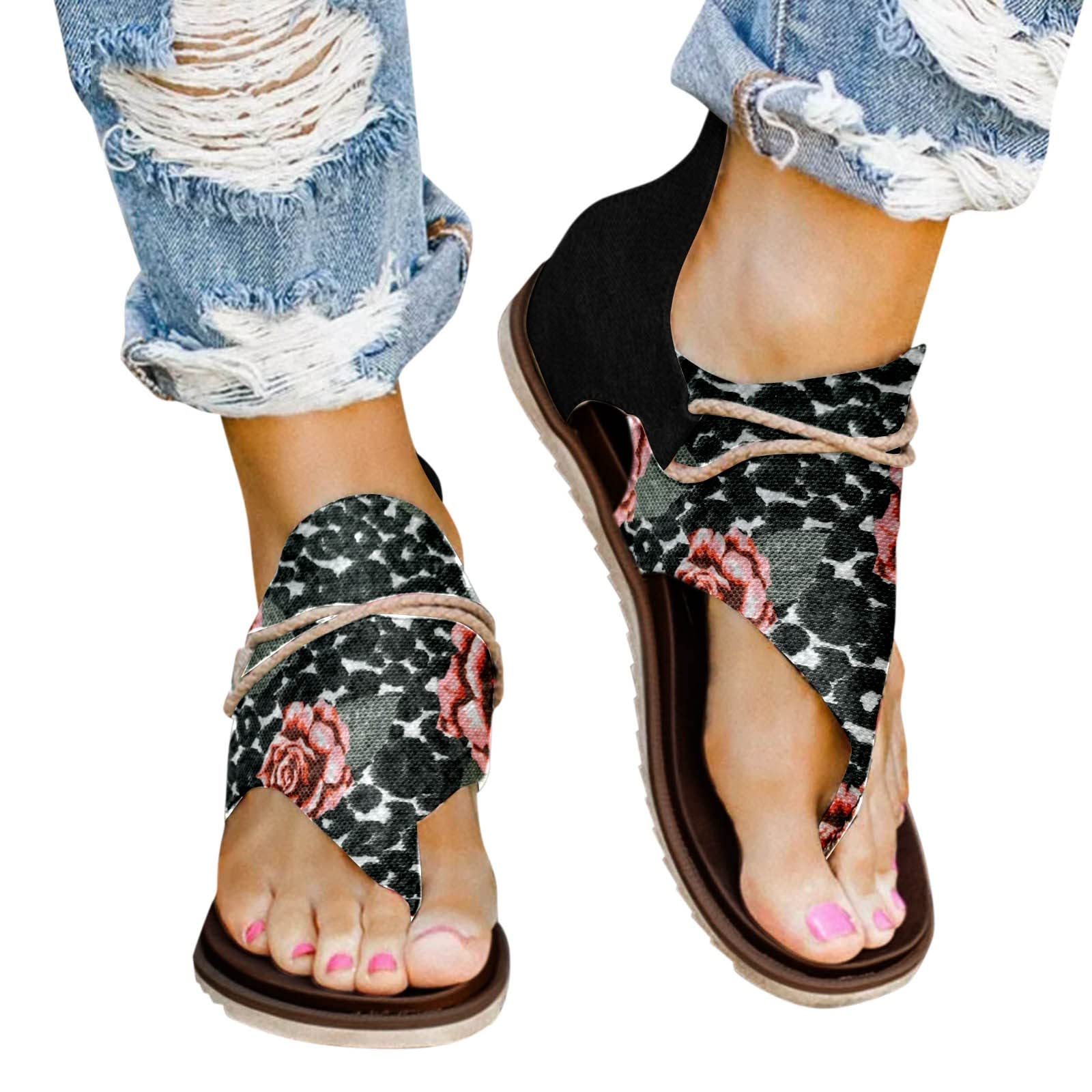 Women's Gladiator Sandals - Boho Embroidered Espadrille Flats with Flower Design - Comfortable Slip-On Slippers for Summer Beach, Vacation & Casual Outings