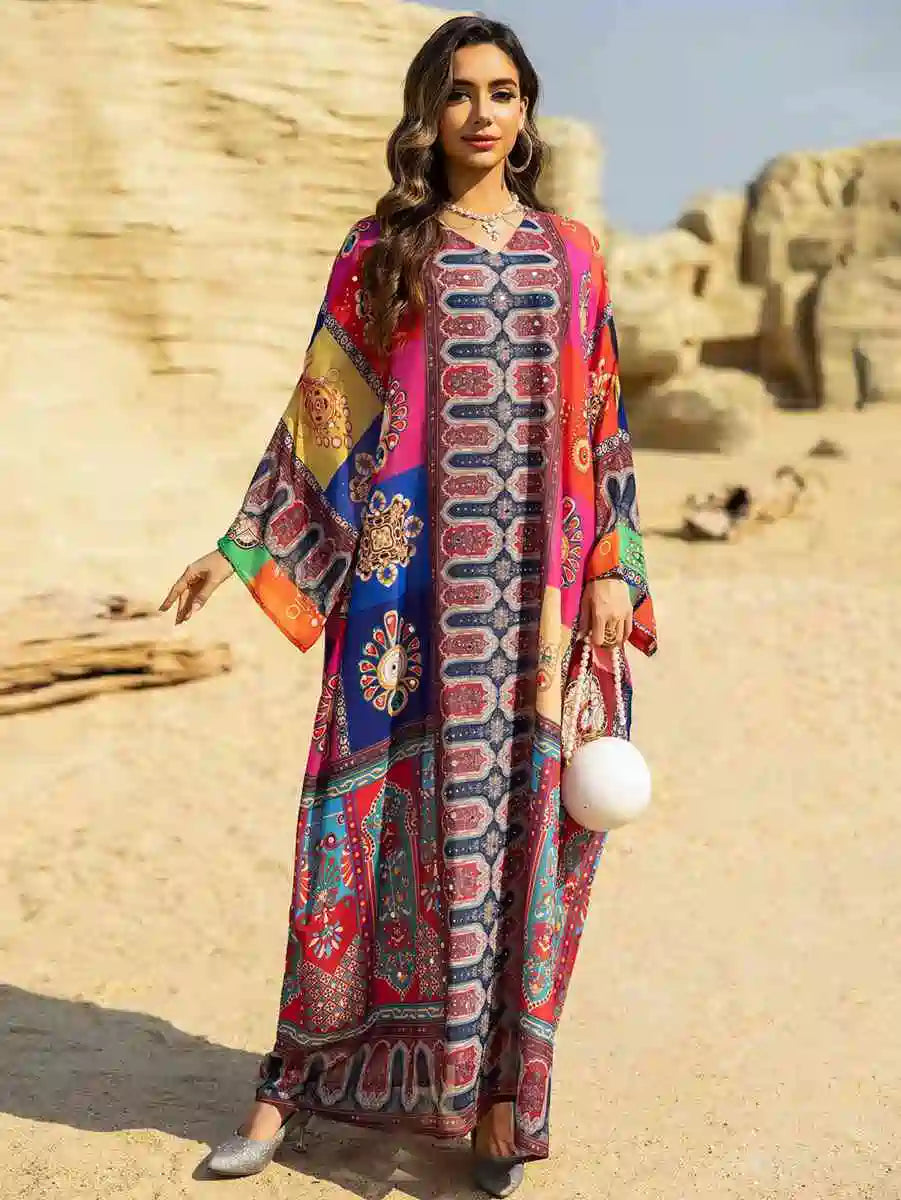 Hotfix Rhinestone Chiffon Printed Caftan Kaftan Dress - Elegant Party Wear for Eid, Wedding, Bridal Shower & Special Occasions | Style #25466
