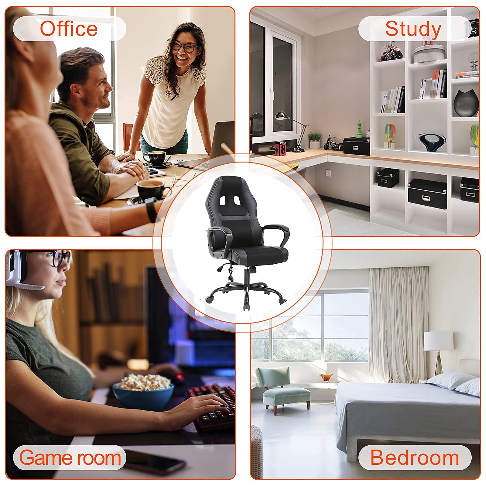 Ergonomic Gaming Chair with Lumbar Support & Headrest - PU Leather High Back PC Office Chair with Wheels for Adults - Perfect for Long Gaming Sessions & Home Office Work - Black