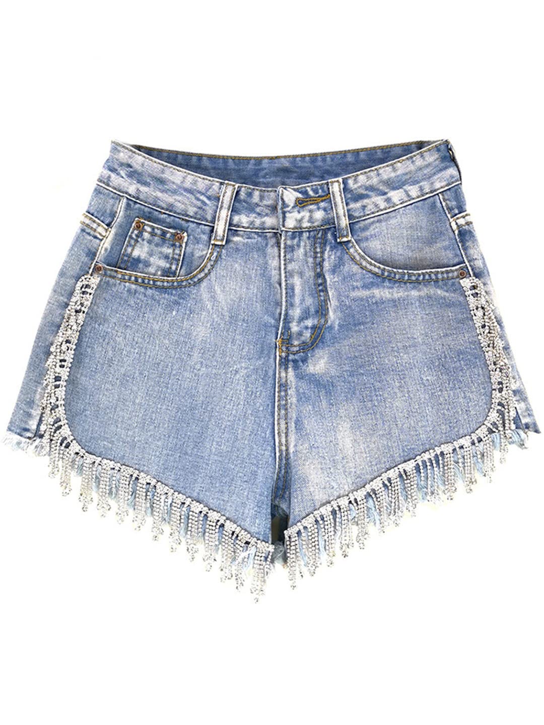 Stylish High Waist Denim Shorts with Fringe Details & Panel Design | Summer Fashion for Women | Perfect for Beach, Music Festivals & Casual Outings