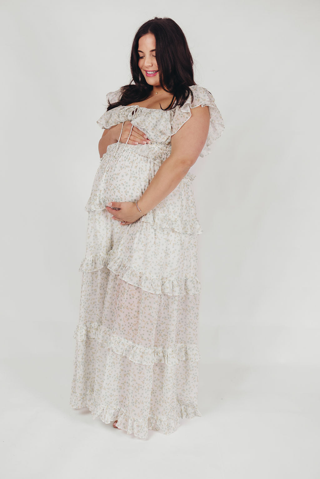 Astrid Ruffle Detail Maxi Dress - Lavender Floral Maternity Dress for Bump Friendly Comfort | Perfect for Baby Showers, Summer Weddings & Beach Vacations