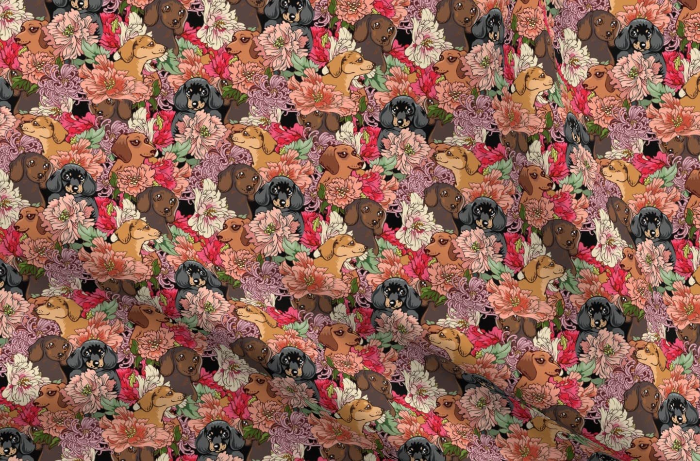Dachshund Flower Garden Pink Printed Minky Fabric by The Yard - Soft Plush Material for Sewing Baby Blankets, Quilt Backing & DIY Projects - Perfect for Nursery Decor, Gift Making & Home Crafts
