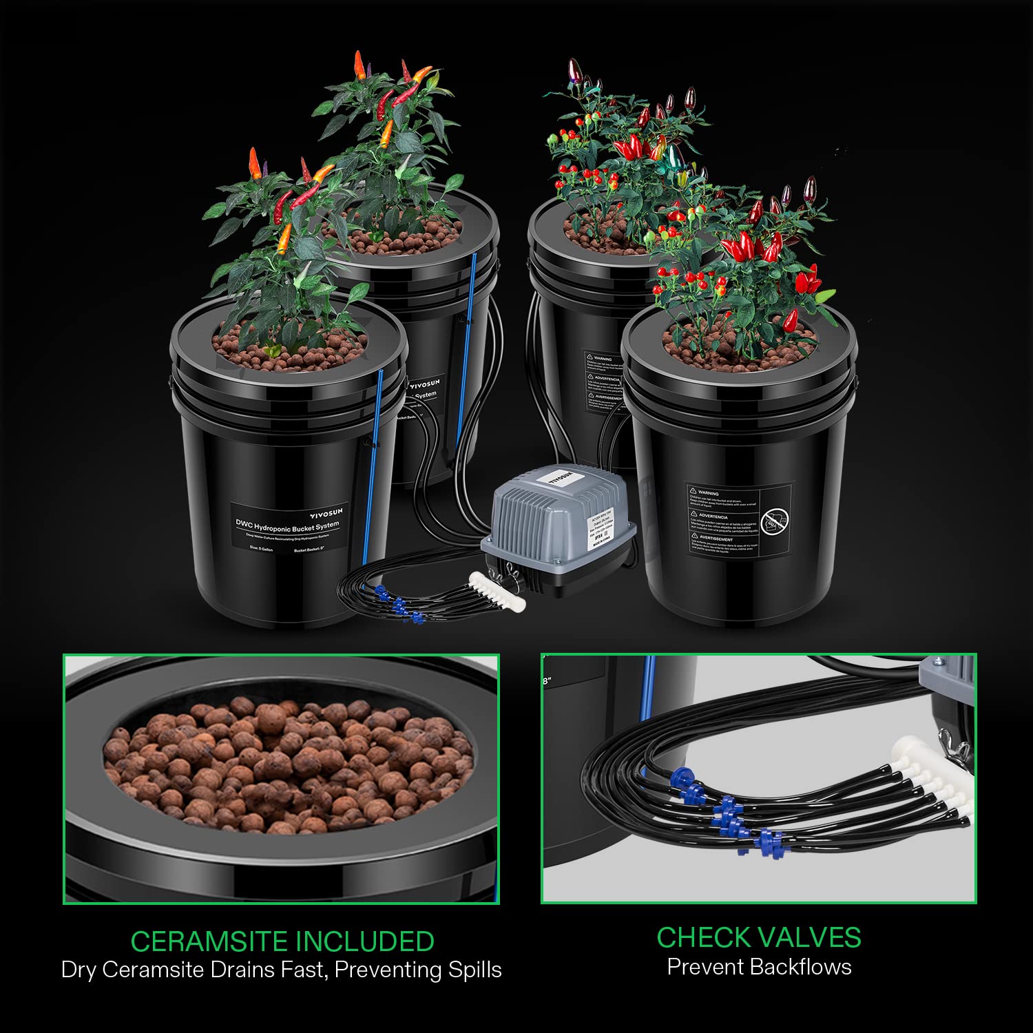 VIVOSUN 5-Gallon DWC Hydroponics Grow System with Top Drip Kit - Deep Water Culture Recirculating Garden System, Includes Air Pump, Hose & Stone (4 Buckets) - Ideal for Indoor Herb, Vegetable & Flower Growing