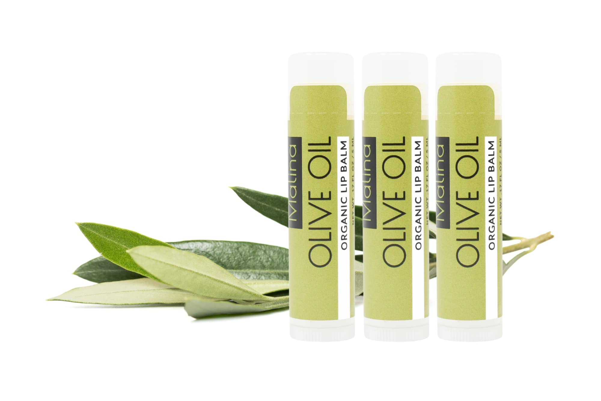 Organic Olive Oil Lip Balm by Malina™ - All-Natural, Edible Ingredients, No Synthetic Flavors or Preservatives - Cruelty-Free, Gluten-Free, Handmade (3-Pack) | Perfect for Dry Lips, Daily Moisturizing, Gift Sets & Travel Essentials