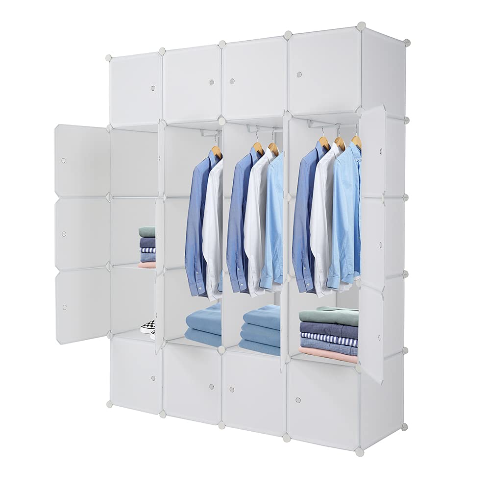 20-Cube Stackable Plastic Storage Shelves - Modular Closet Organizer with Hanging Rod, White | Space-Saving Home & Office Organization for Bedroom, Living Room, Kids Room