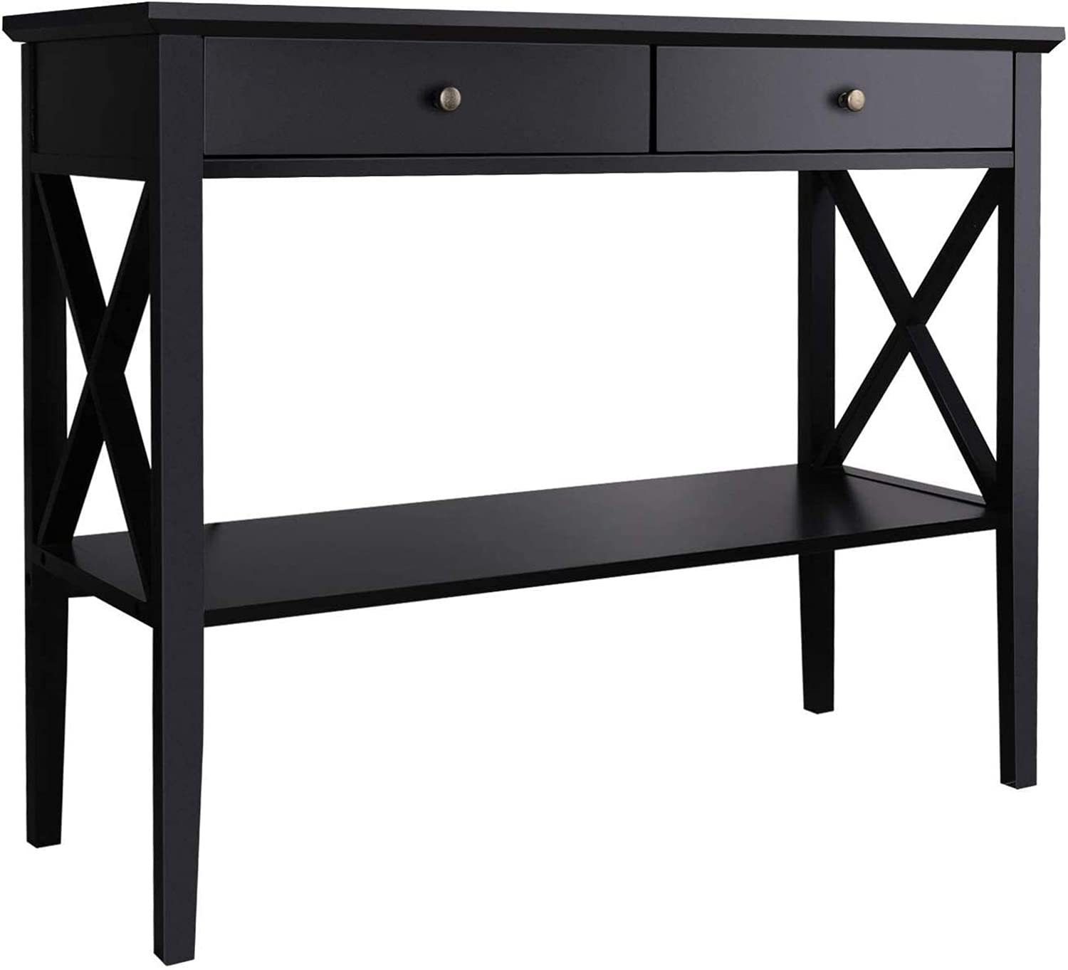 ChooChoo Narrow Wood Console Table with Drawers & Storage Shelf - Entryway Sofa Table for Hallway, Living Room & Front Hall | Perfect for Small Spaces & Home Decor Organization (Black)