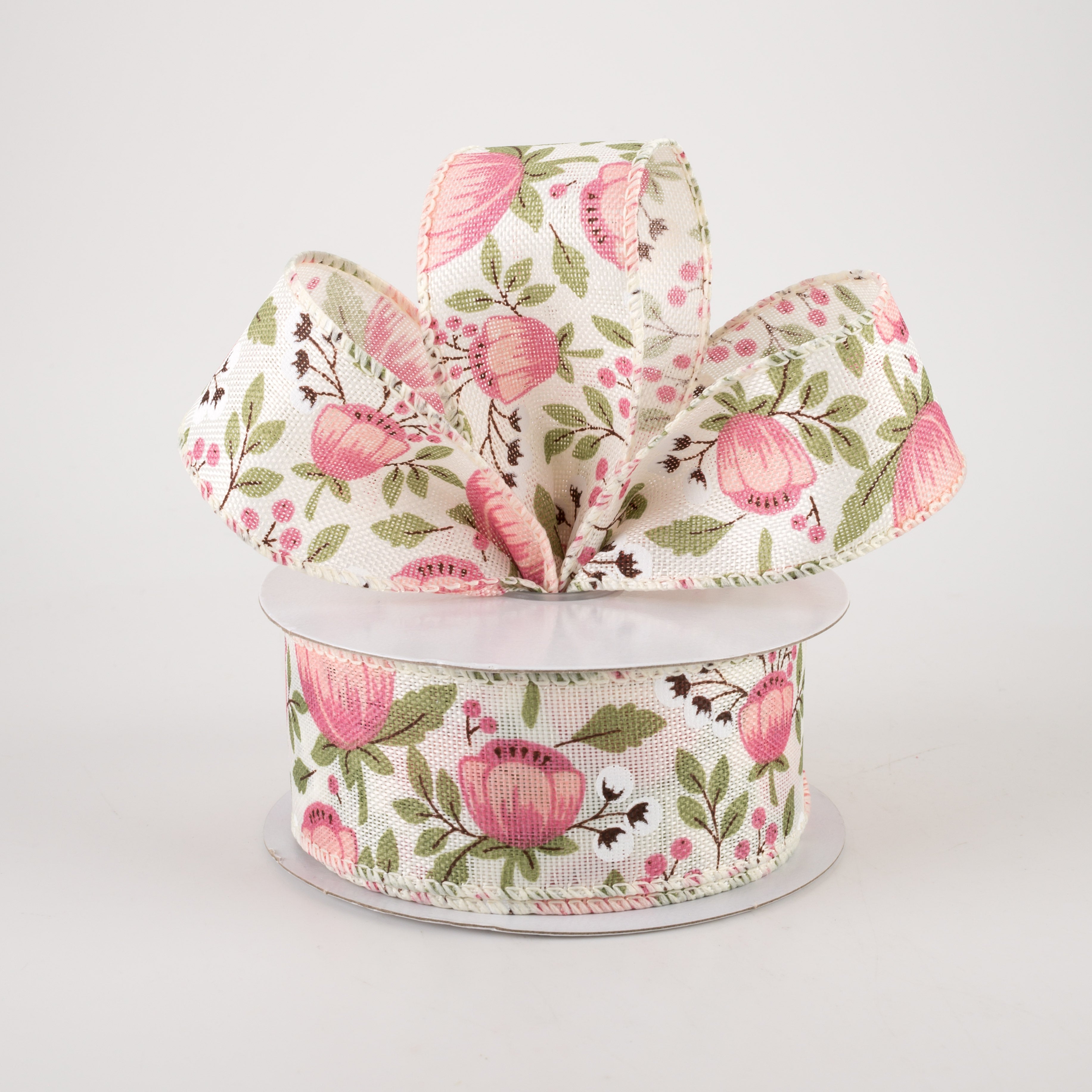 1.5 Inch Linen Blush Peonies & Cotton Ribbon - Ivory Floral Ribbon for Gift Wrapping, DIY Crafts, Wedding Decor (10 Yards)