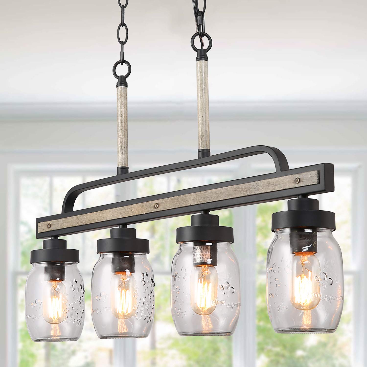 Rustic Mason Jar Lights - Farmhouse Chandelier with Metal Finish & Glass Shades, Linear Hanging Pendant for Kitchen Island, Dining Room, Bar, Patio & Outdoor Decor
