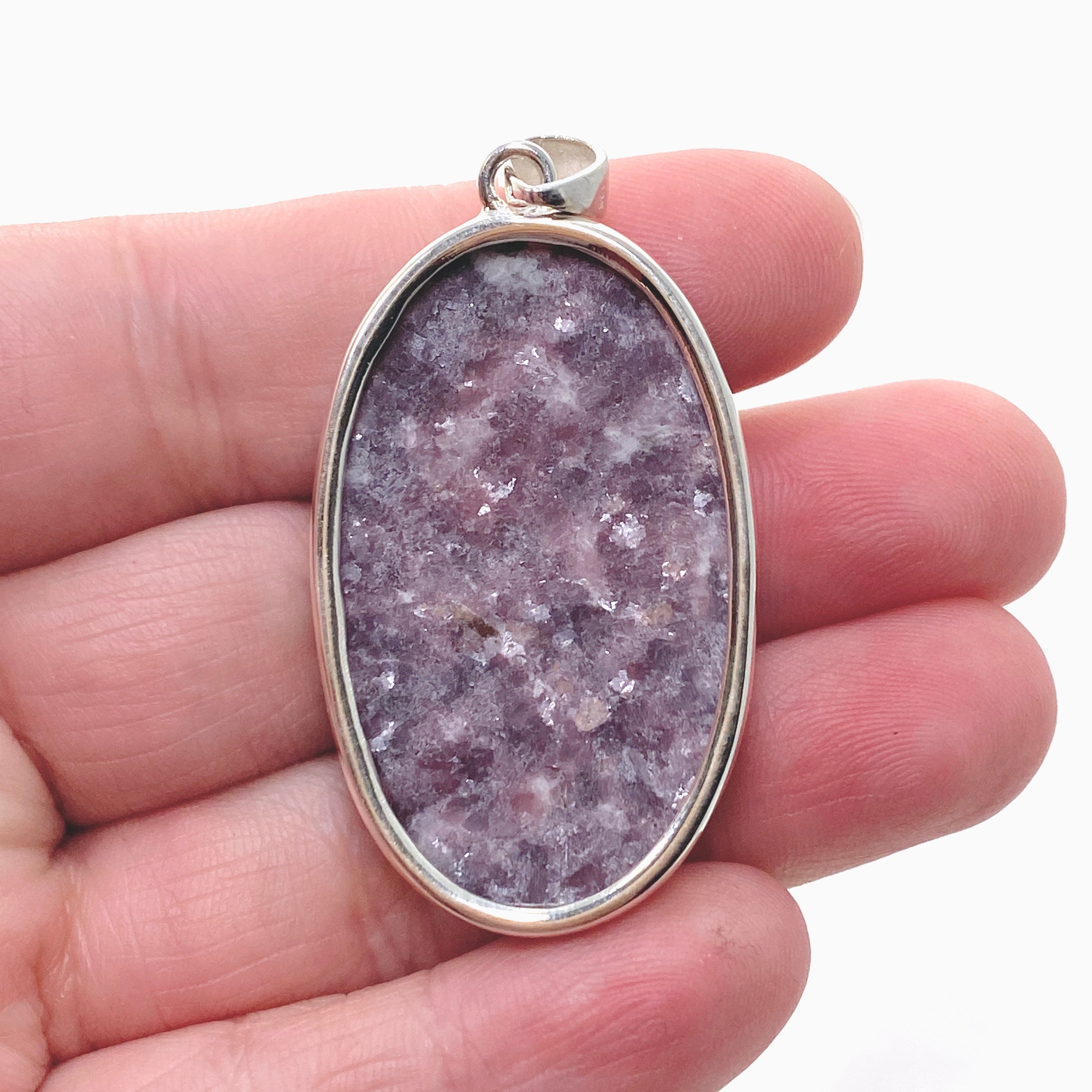 Natural Lepidolite Oval Cabochon Pendant with Hammered Sterling Silver Setting - Healing Crystal Jewelry for Stress Relief & Emotional Balance | Perfect for Meditation, Yoga & Spiritual Practices