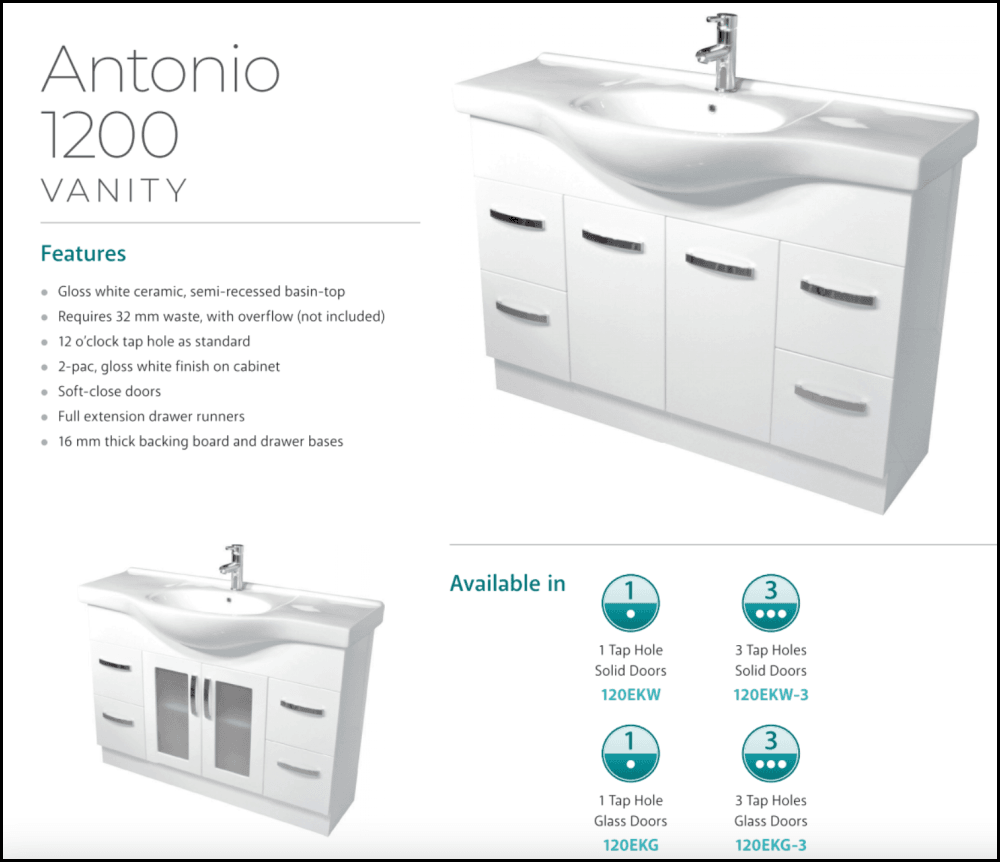 Fienza Antonio 120EKW 1200mm White Bathroom Vanity Unit with Solid Wood Doors - Perfect for Modern Bathroom Renovation and Home Upgrade