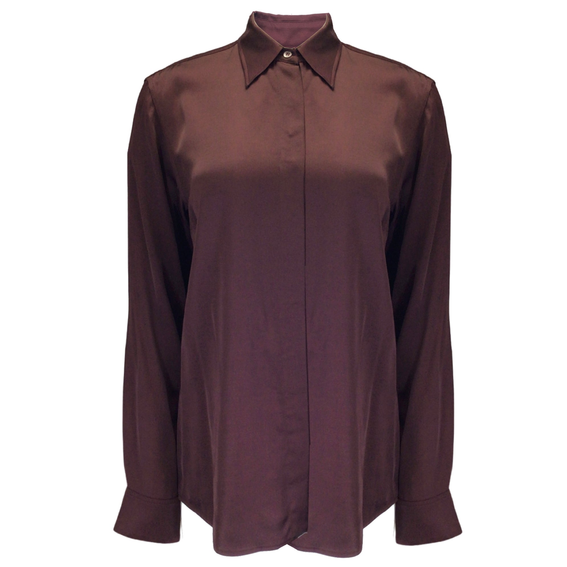 Dries van Noten Women's Burgundy Long Sleeve Satin Button Down Blouse Shirt - Elegant Office Wear & Evening Outfits