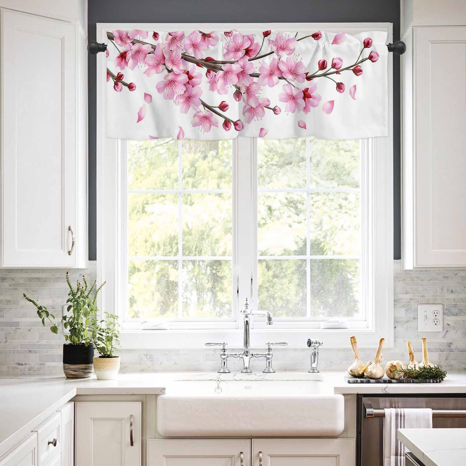 Cherry Blossom Floral Valance Curtains - Rod Pocket Window Treatment for Bedroom, Kitchen & Small Windows - Thermal Insulated & Machine Washable - Pink Spring Floral Design - 1 Panel (54
