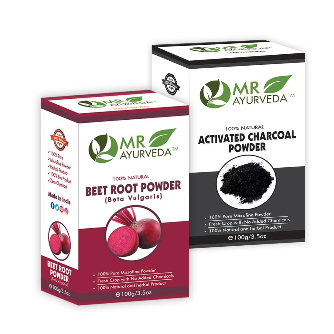 MR Ayurveda 100% Natural Beetroot Powder & Activated Charcoal Powder - 2 Pack (200g Each) | Organic Superfood Supplement for Detox, Skin Care & Smoothies | Vegan, Gluten-Free