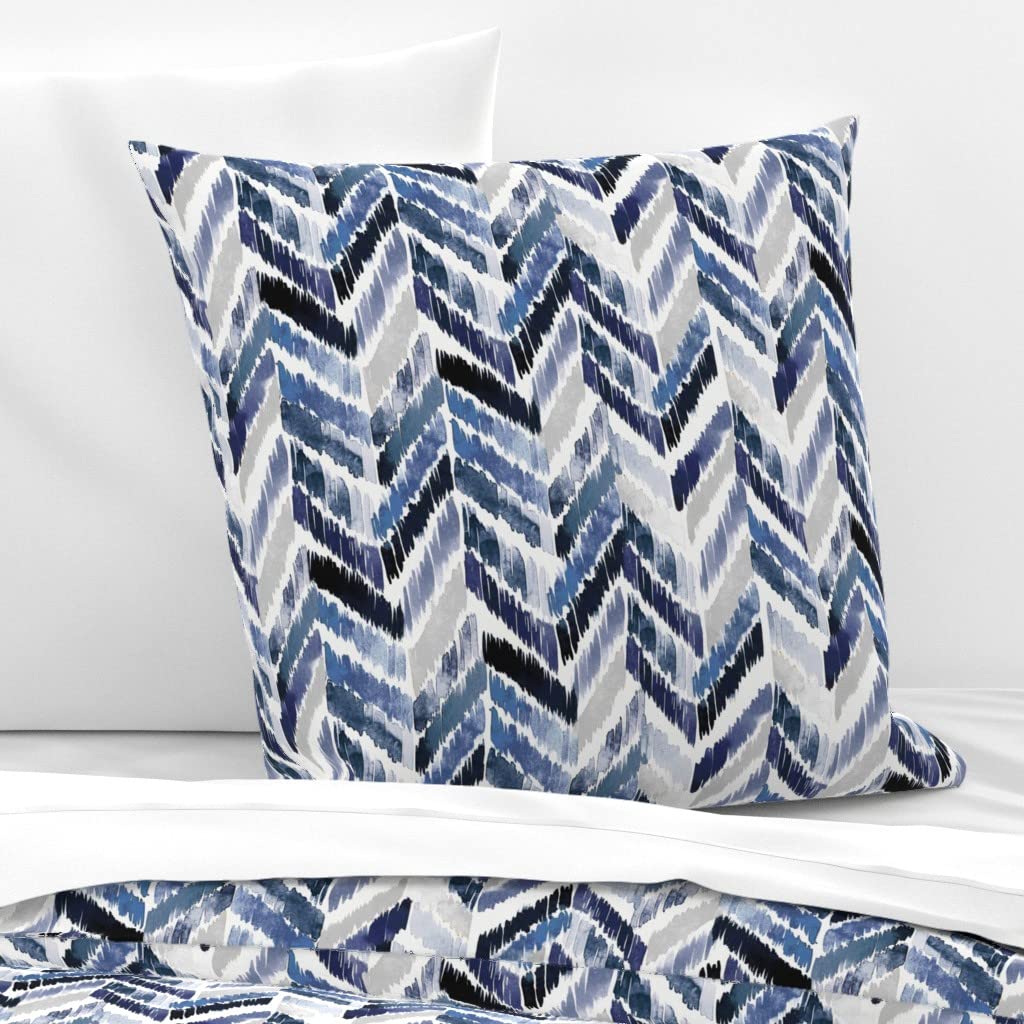Custom Tropical Ikat Indigo Chevron Watercolor Print Cotton Sateen Euro Sham Pillowcase - Boho Chic Bedding for Master Bedroom & Guest Room Decor