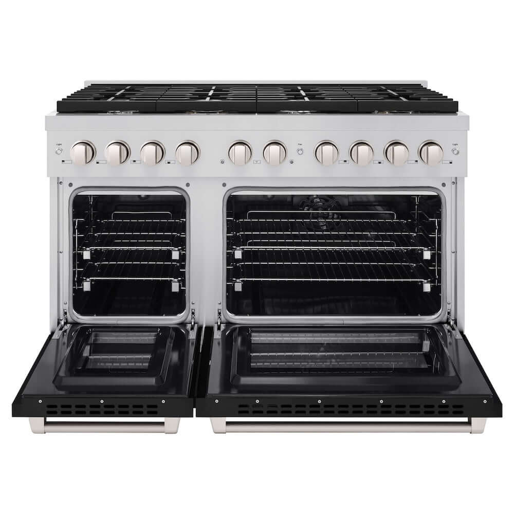 ZLINE 48-inch 6.7 cu. ft. Stainless Steel Dual Fuel Range with 8-Burner Gas Cooktop & Black Matte Doors - Professional Double Oven for Home Chefs - Perfect for Large Family Cooking & Entertaining (Model SDR BLM 48)