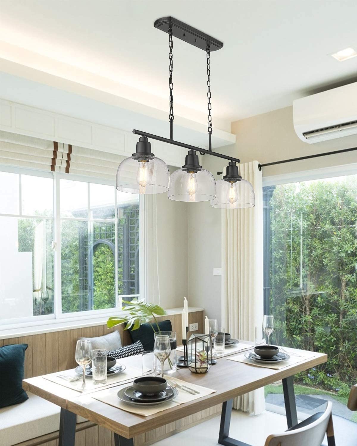 EAPUDEN 3-Light Linear Chandelier & 2-Light Farmhouse Ceiling Light in Oil Rubbed Bronze with Seeded Glass - Modern Kitchen Island Lighting, Dining Room, Foyer, Hallway, Entryway - Perfect for Farmhouse, Rustic & Industrial Home Decor