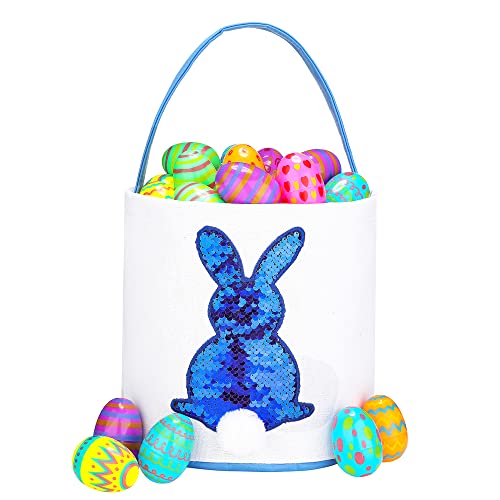 Easter Baskets for Kids - Boys and Girls Easter Egg Hunt Baskets with Cute Sequin Rabbit Bunny Print, Canvas Gift Basket for Baby, Easter Party Decorations & Supplies (Blue) - Perfect for Easter Egg Hunts, Birthday Gifts, and Spring Decorations