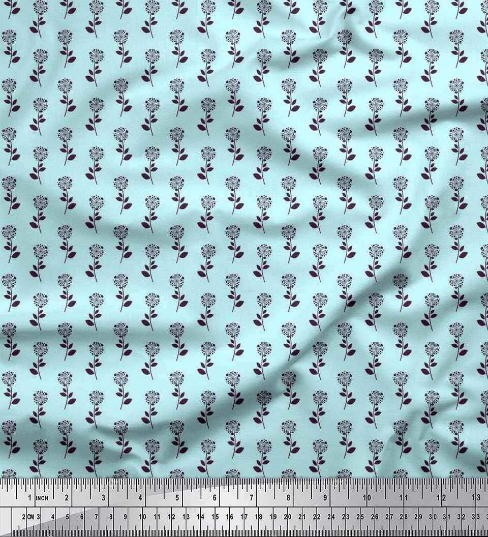 Soimoi 100% Cotton Jersey Fabric - Blue Leaves & Floral Print - 58