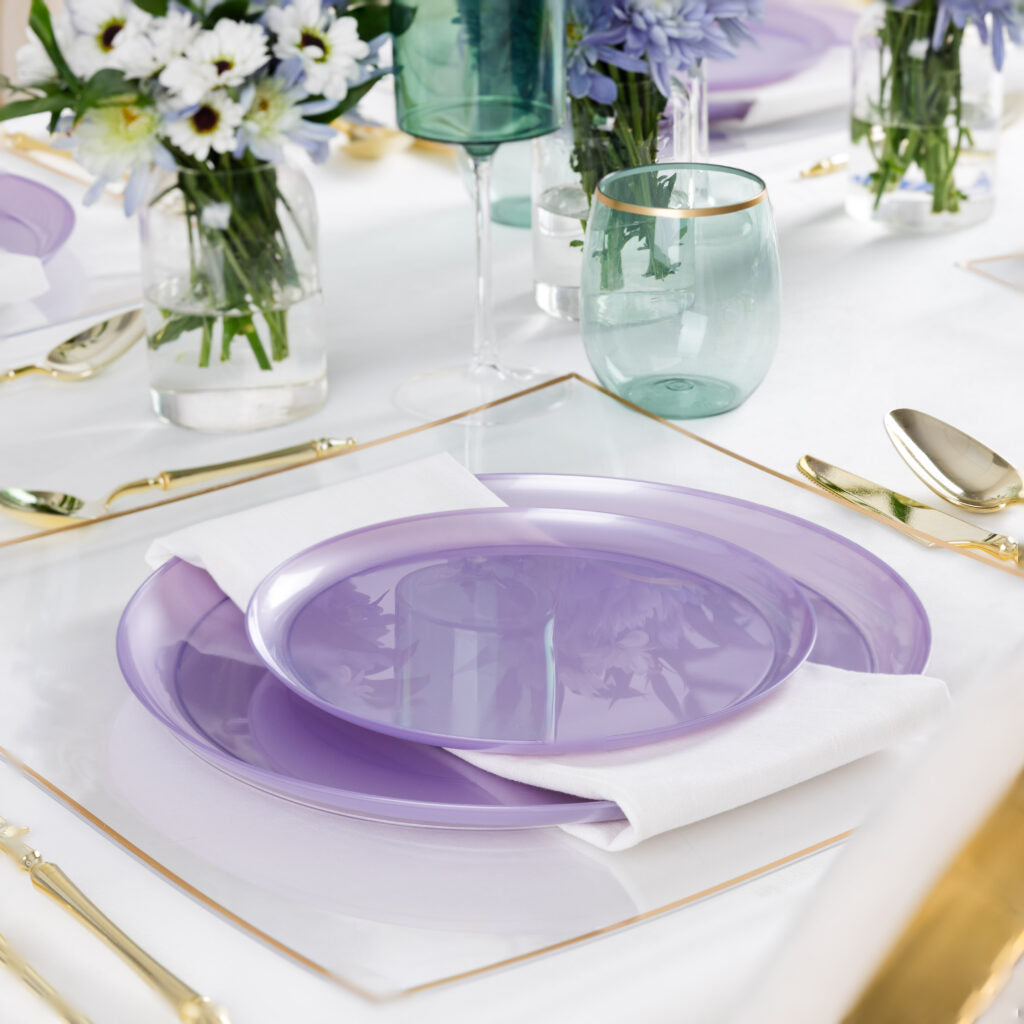 20 Pack Lavender Pearl Round Plastic Dinnerware Set - Elegant Disposable Plates, Bowls, Cups & Cutlery for 10 Guests - Perfect for Weddings, Parties, Picnics & Outdoor Events