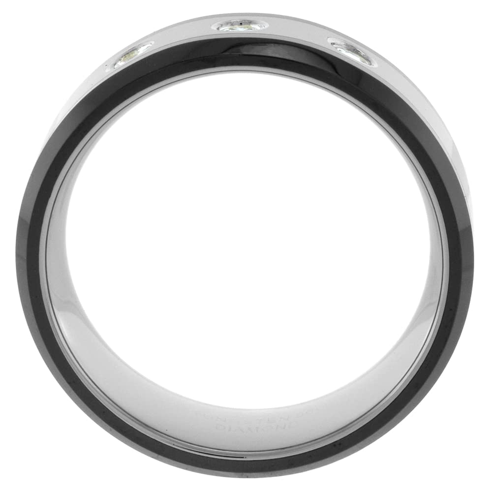 Sabrina Silver 2-Ring Set 6mm & 8mm Tungsten 3 Stone Diamond Wedding Band - Beveled Black Ceramic Edges, Comfort Fit Sizes 5-13 - Perfect for Anniversary Gifts & Bridal Jewelry