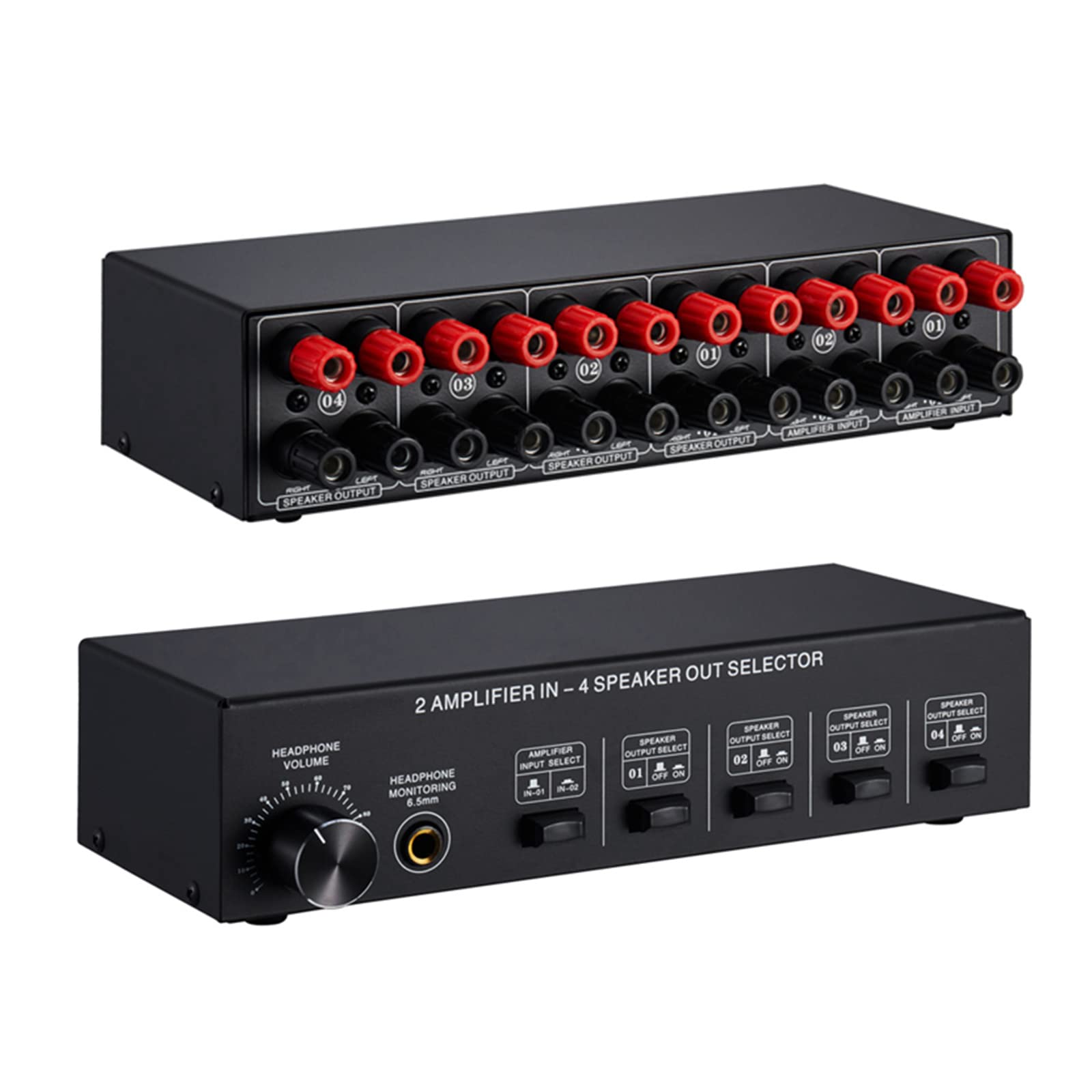 Premium 2-In 4-Out Stereo Amplifier Speaker Selector Switch Box - Compare & Switch Between 2 Amplifiers for Home Theater, Studio, or Multi-Room Audio Systems