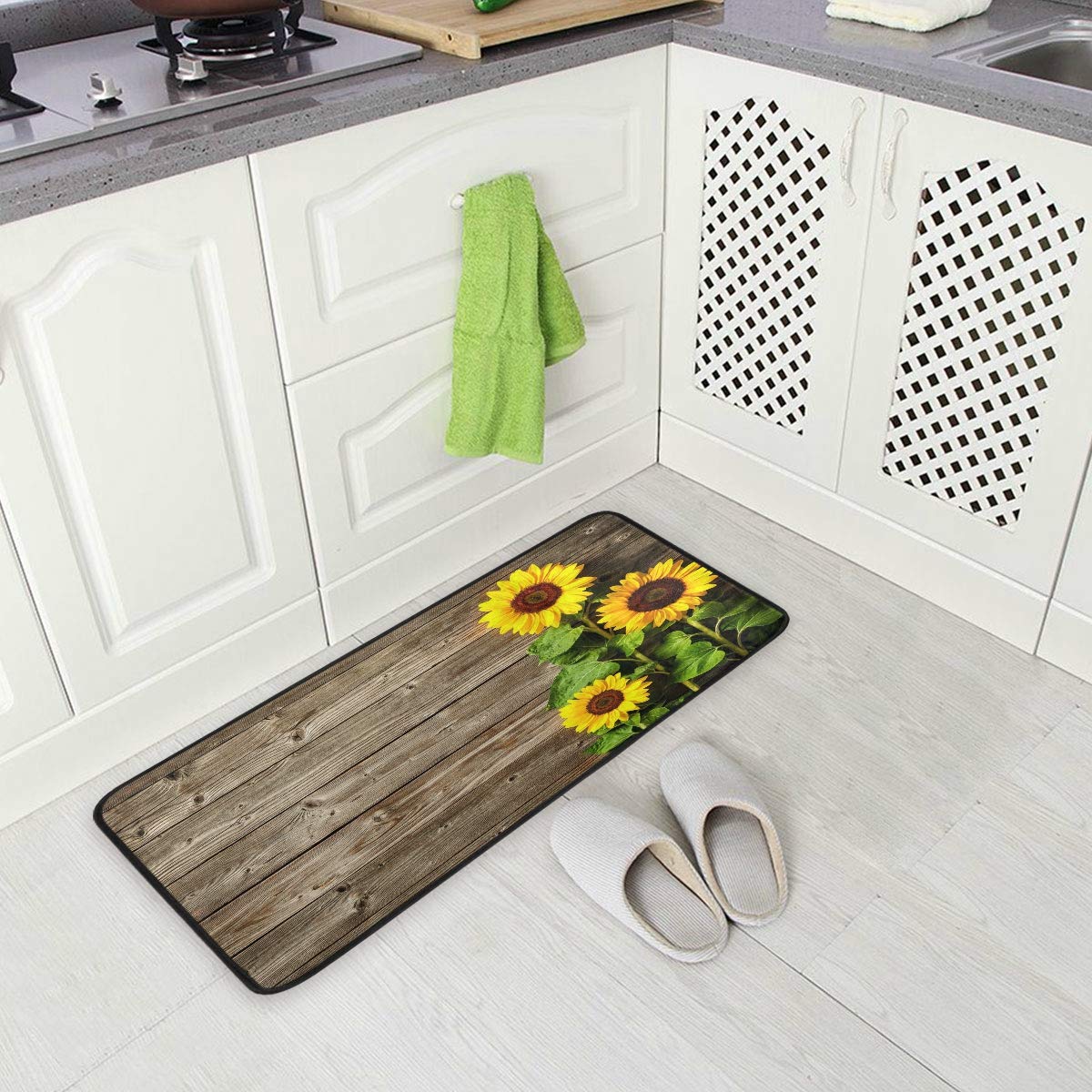 Susiyo Anti-Fatigue Kitchen Rug Mat - Non-Slip Sunflower Design on Wooden Board, Oil & Stain Resistant, Easy Clean Floor Mat for Indoor/Outdoor Use - Perfect for Kitchens, Bathrooms & Entryways