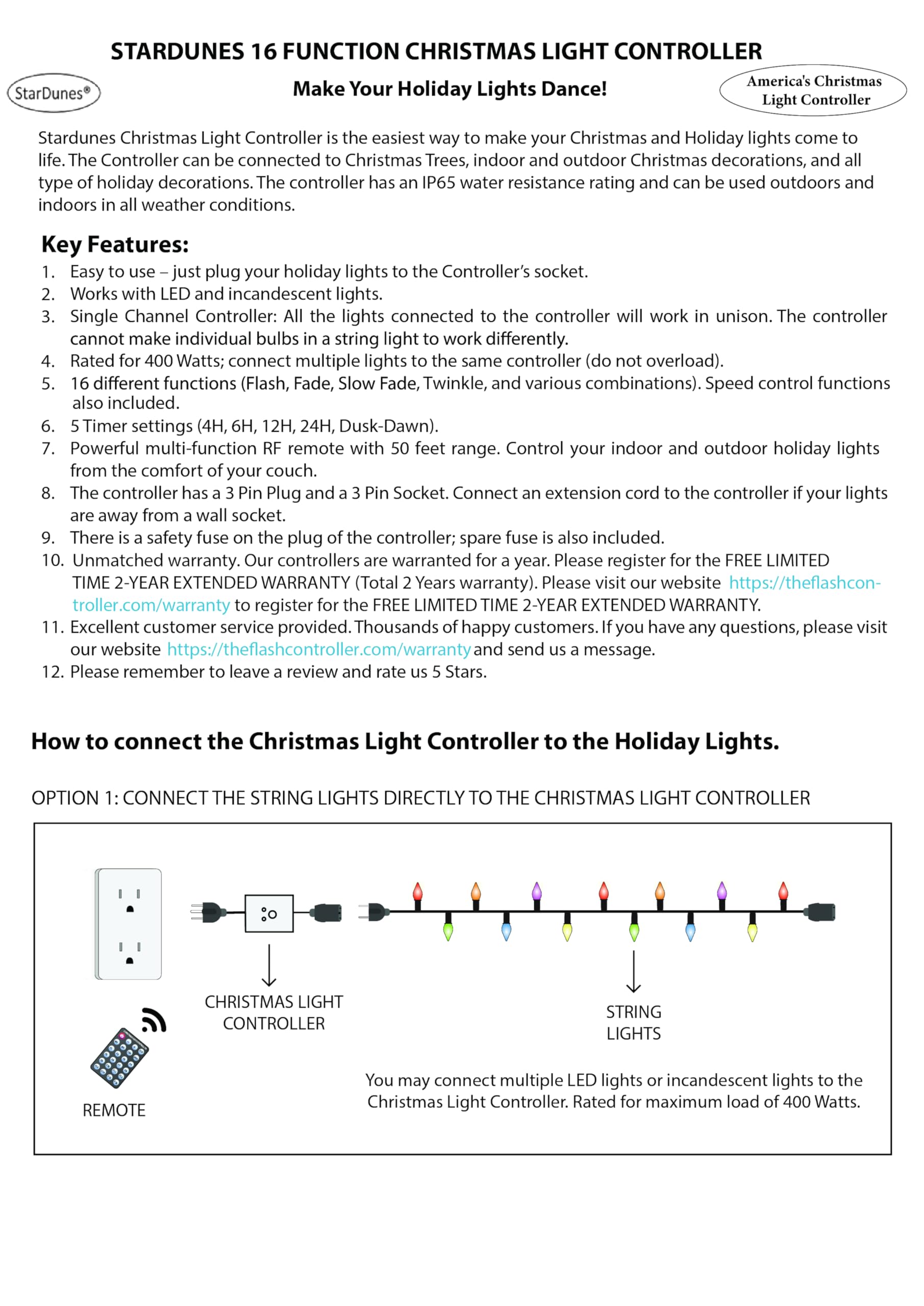 Christmas Light Controller - 16 Dazzling Flash/Fade Modes, 5 Timer Settings, Full Function Remote for Holiday Decorations & Indoor/Outdoor Lighting