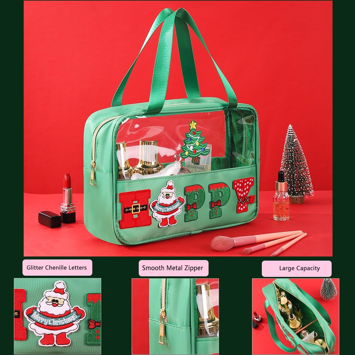 2 Pcs Christmas Makeup & Snack Bags with Zipper - Waterproof Clear Travel Toiletry Storage for Women | Holiday Gifts & Travel Essentials