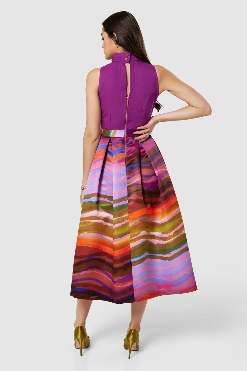 Megan Full Skirt Dress for Women - Elegant Purple Flowy Midi Dress with Elastic Waist | Perfect for Weddings, Parties & Special Occasions