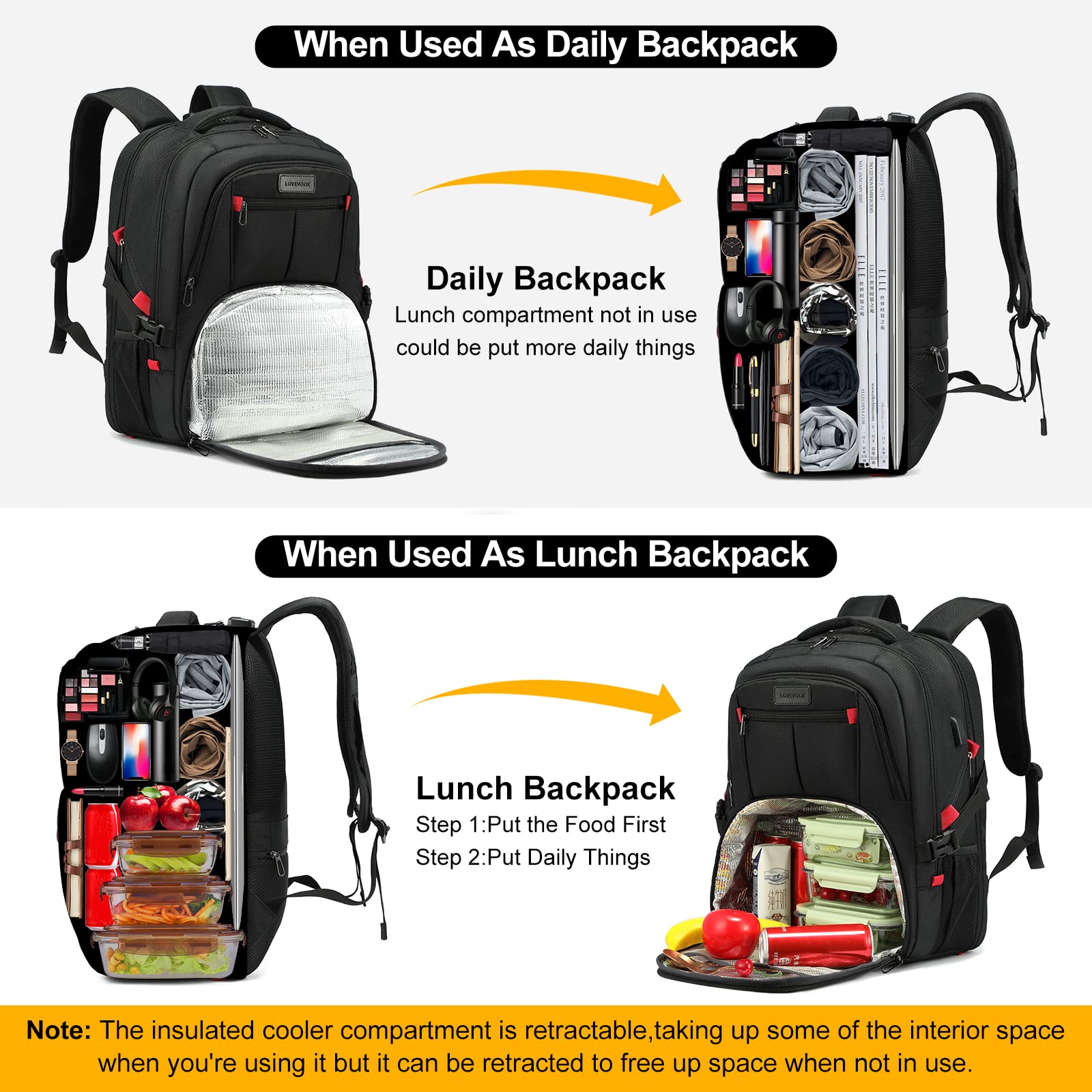 LOVEVOOK Insulated Lunch Backpack for Men - 17 Inch Cooler Bag with USB Charging Port, Waterproof Laptop Backpack for College, Work, Travel, Camping & Picnic | Perfect for Office Commute, Hiking & Outdoor Adventures (17 inch, Black)