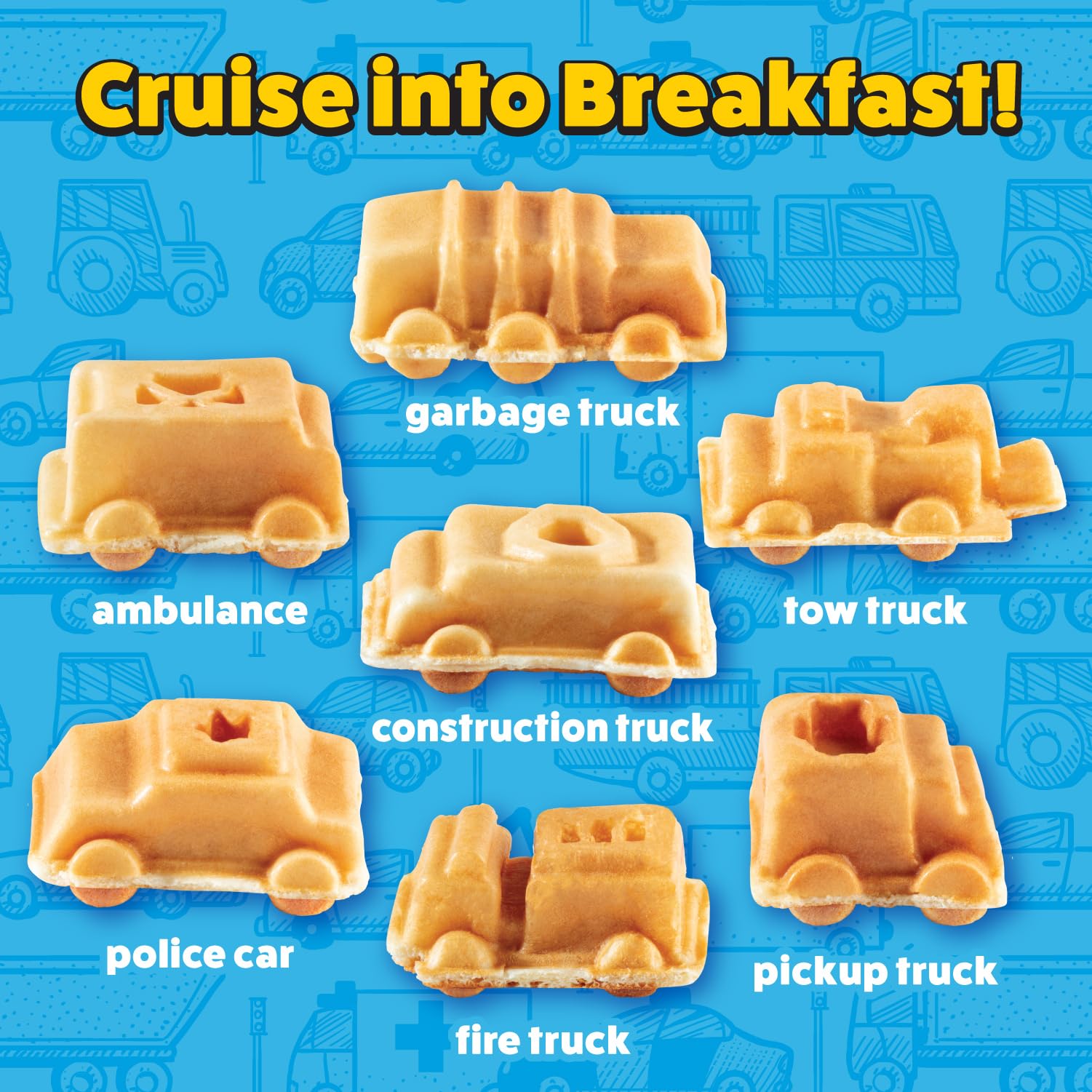 Mini Waffle Maker for Cars & Trucks - Create 7 Fun Vehicle-Shaped Pancakes (Police Car, Fire Truck, Construction Truck) - Electric Non-Stick Iron with Free Recipe Guide - Perfect Kids Gift for Birthday Parties & Family Breakfast Fun