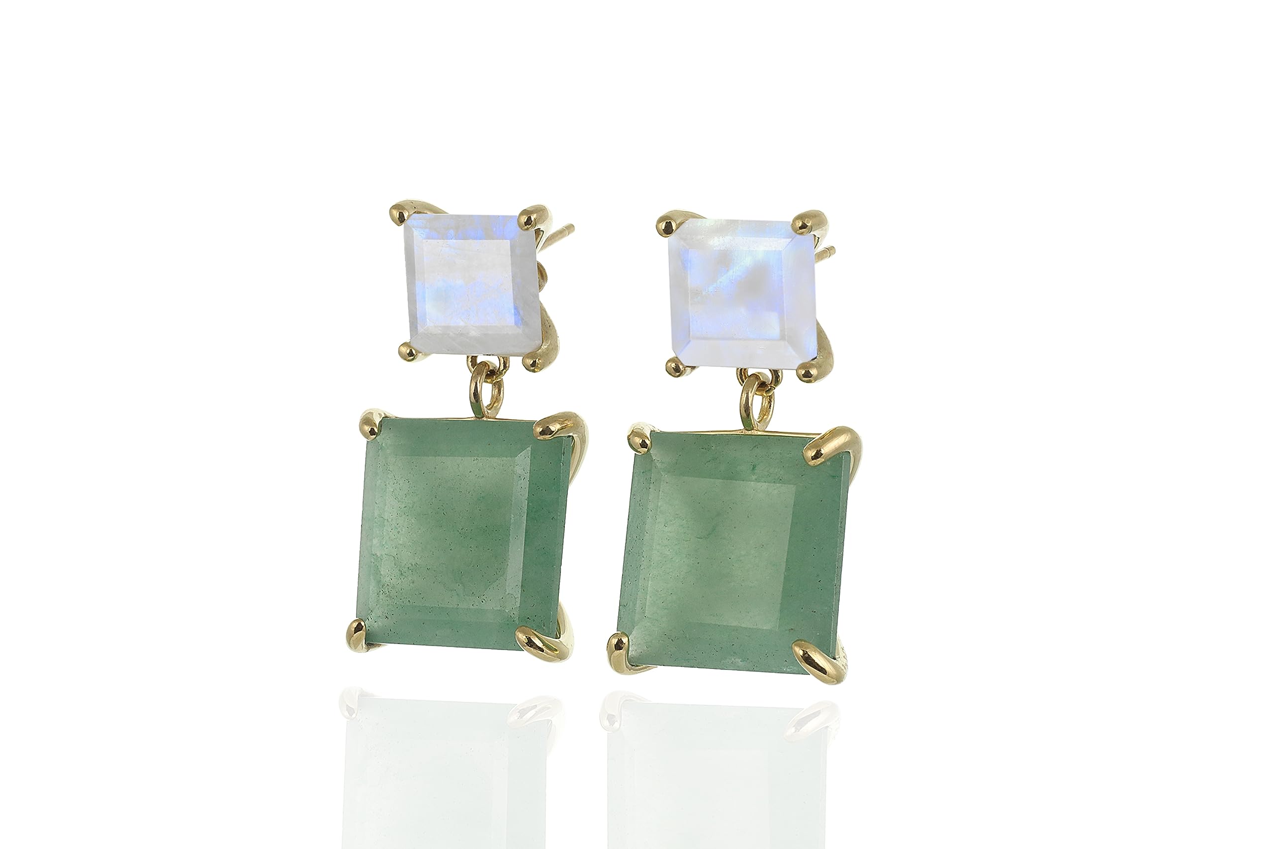 Gold Filled Rainbow Moonstone & Green Aventurine Square Princess Earrings - Prong Dangle Statement Jewelry for Women | Elegant Party, Wedding & Everyday Wear