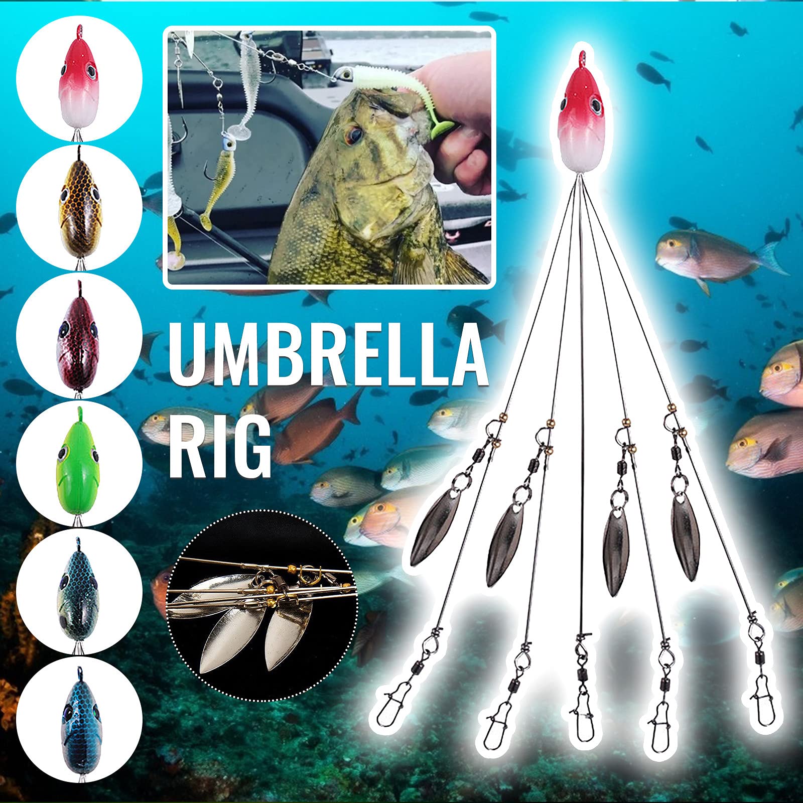 5 Arms Alabama Umbrella Rig Fishing Lure - Bass Bait Rigs with Barrel Swivels, Ultralight Tripod Willow Blade Multi-Lure System for Freshwater Fishing | Perfect for Bass, Crappie and Walleye Angling in Lakes & Rivers