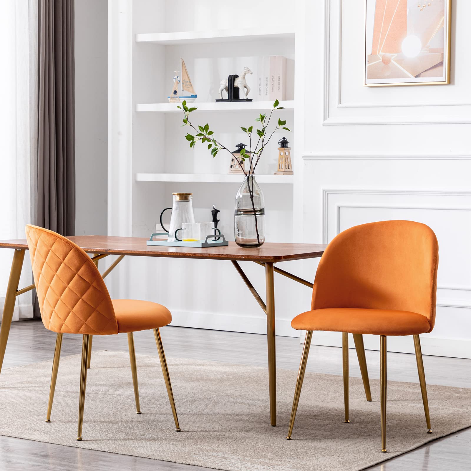 ZSARTS Velvet Gold Dining Chairs Set of 2 - Mid Century Modern Upholstered Accent Chairs for Kitchen, Living Room & Dining Room - Soft Velvet Fabric Side Chairs - Perfect for Home, Studio & Office Decor (Orange-Yellow)