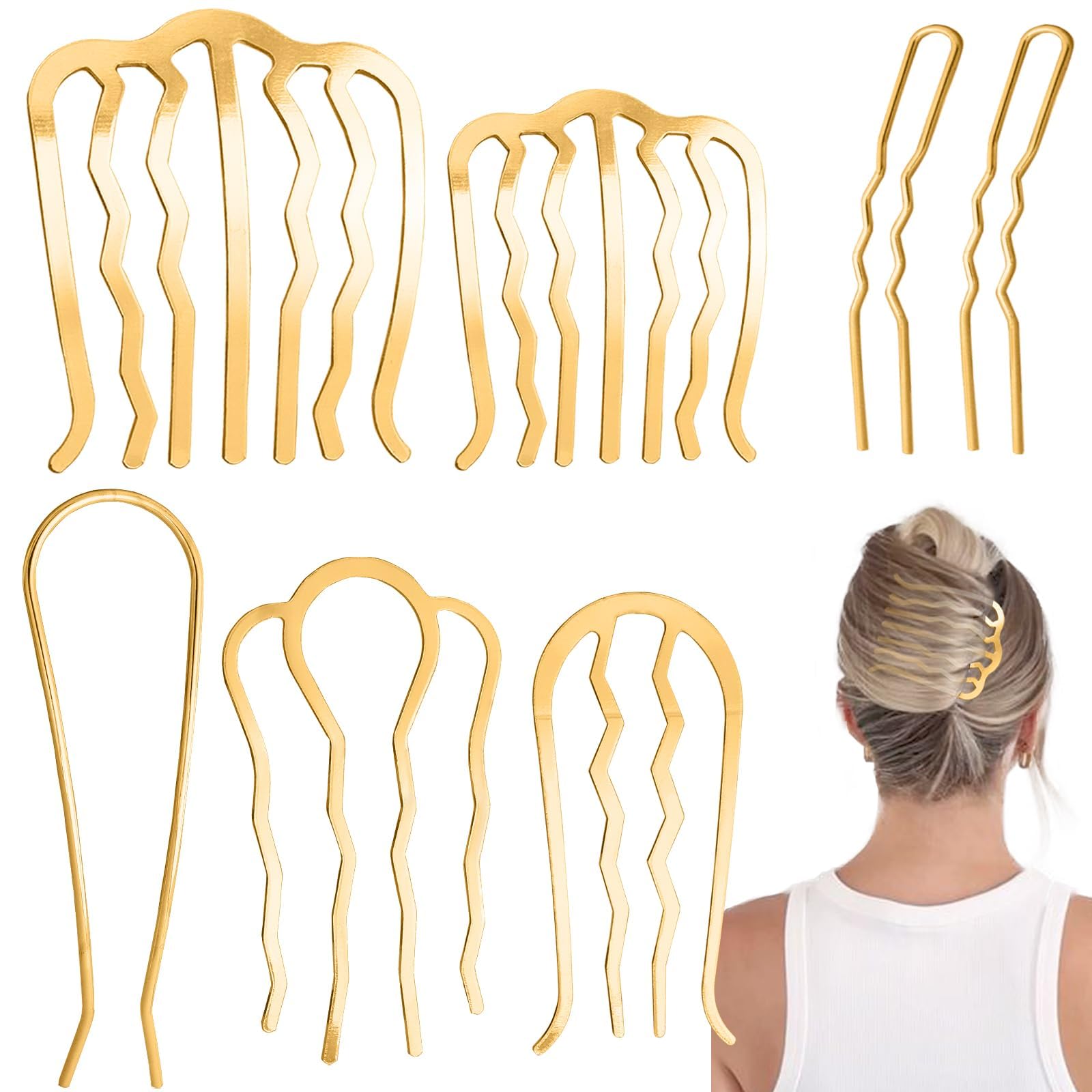 7 Pcs Metal Hair Forks & U Pins for Updo Bun - Women's Hair Accessories (Gold) - Wedding & Party Styling