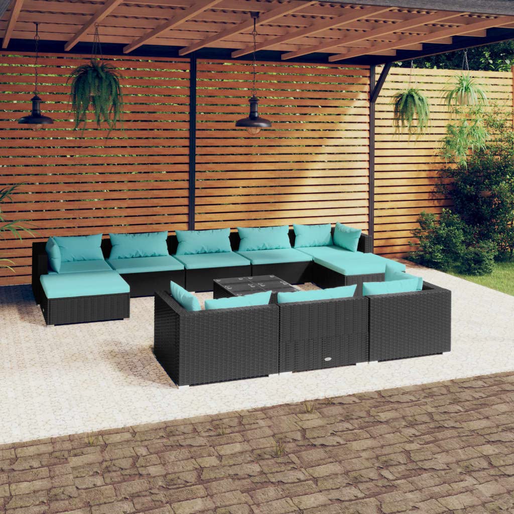 vidaXL 11-Piece Patio Lounge Set - Outdoor Garden Furniture Sectional Sofa with Cushions, Black Poly Rattan Corner Sofa for Backyard, Poolside & Patio Relaxation