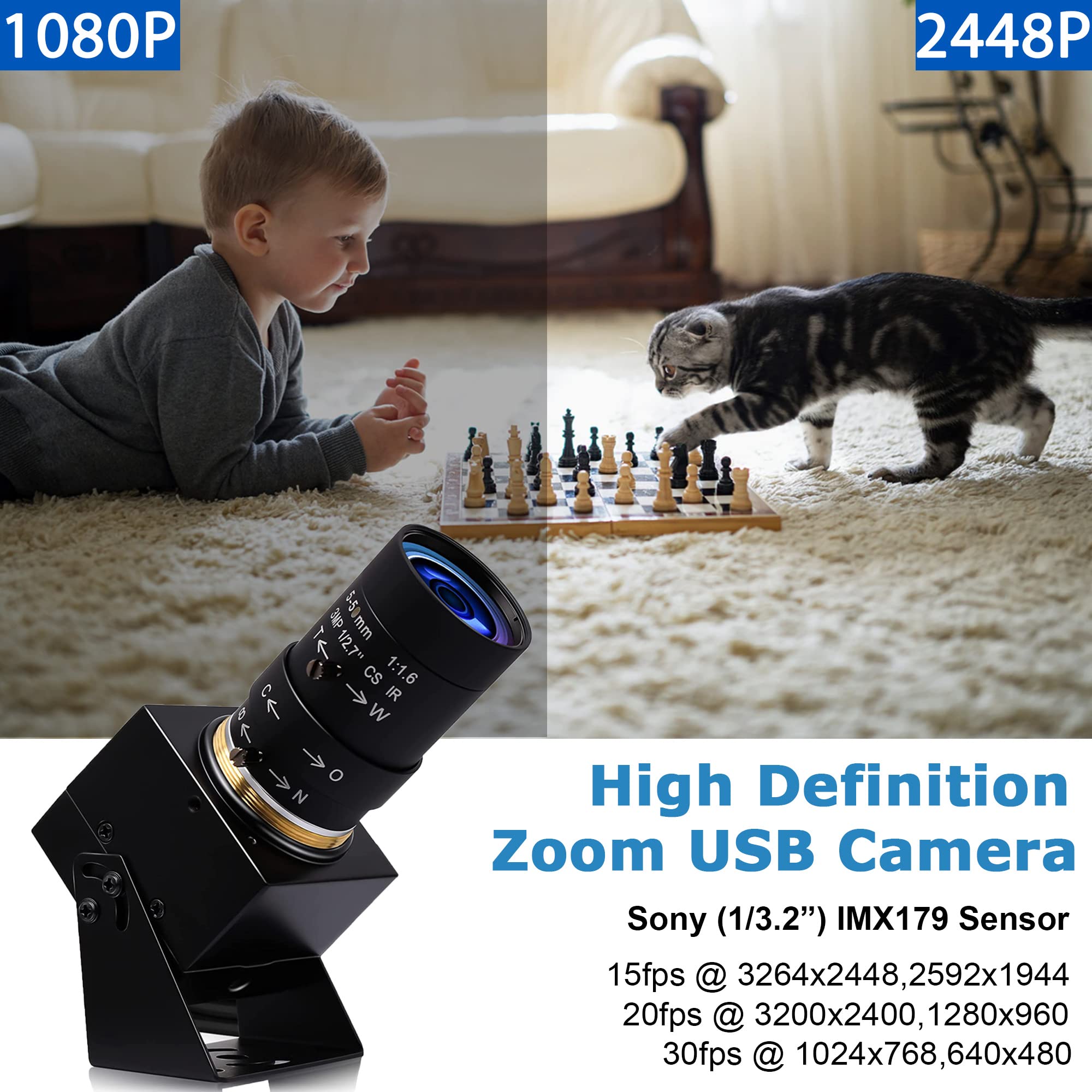 SVPRO 8MP USB Webcam with Manual Focus & 5-50mm Varifocal Lens - 10X Zoom External Camera for PC/Laptop (Plug & Play UVC) - Perfect for Video Conferencing, Live Streaming & Online Classes