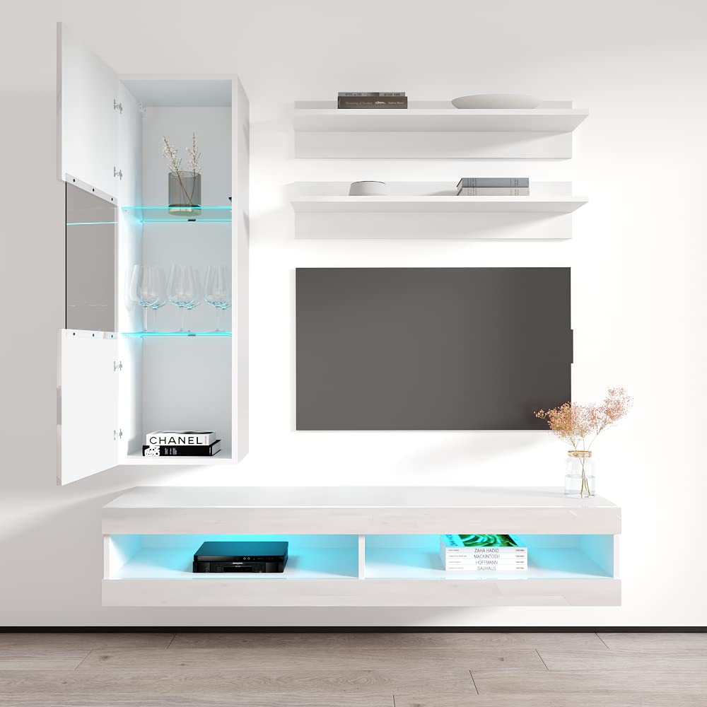 Modern White Wall-Mounted TV Stand with Storage Shelves & LED Lights - Floating Entertainment Center Console for Living Room & Bedroom - Perfect for Small Spaces & Home Theater Setups - Meble Furniture Fly H3 34