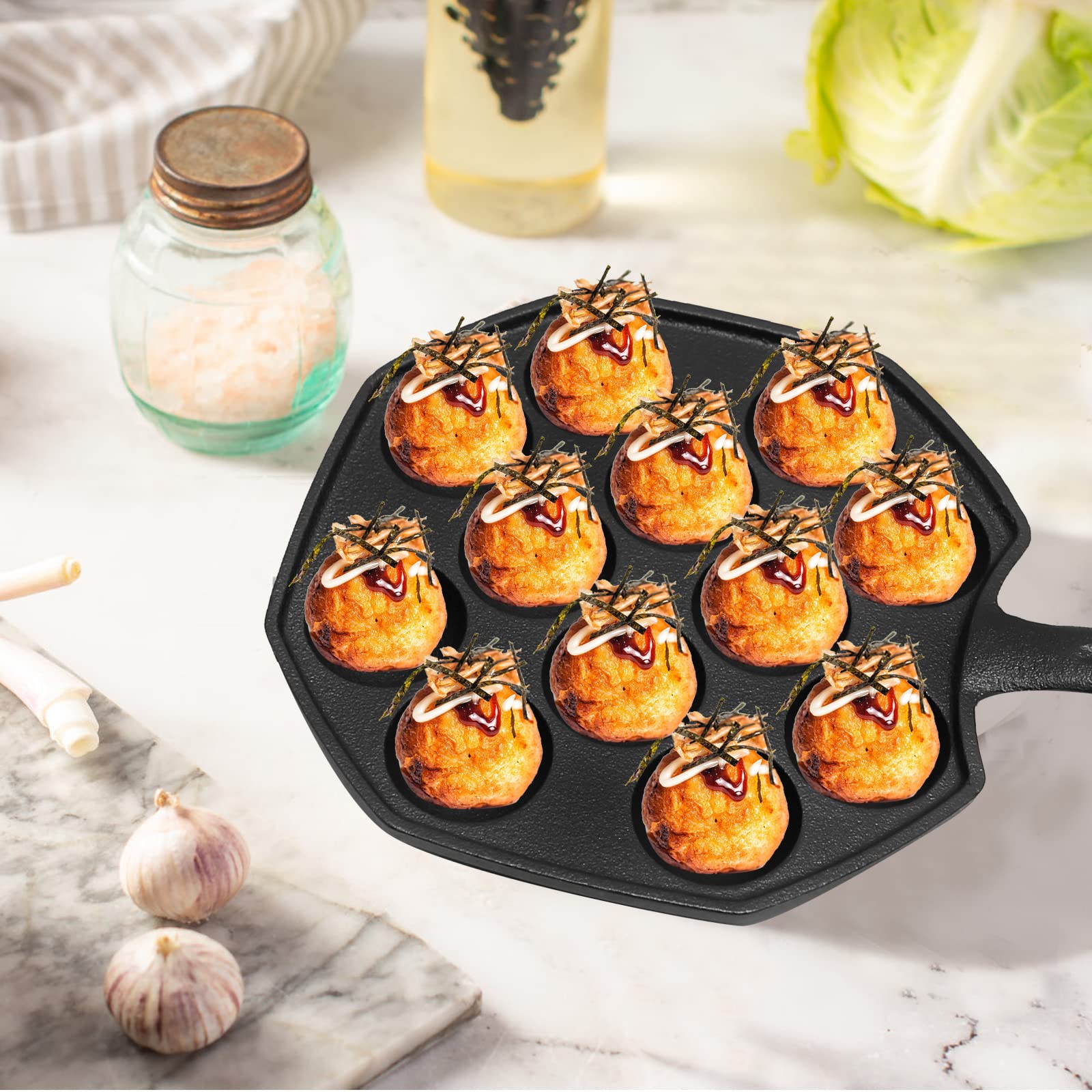 Cast Iron Takoyaki Pan - 12 Hole Heavy Duty Square Griddle for Japanese Octopus Balls, 1.5