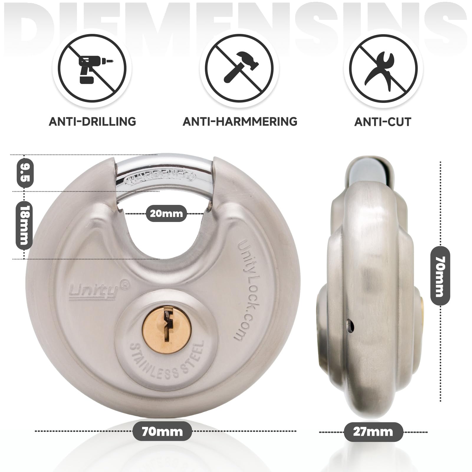 **Stainless Steel Disc Padlock 2 3/4'' (70mm) - Heavy Duty Round Disc Lock for Self Storage, Trailers, Trucks, Sheds, Fence & Containers | Outdoor Security Lock for Home & Commercial Use**